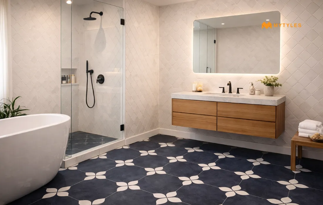 Blue Moroccan Floor Tile in Modern Bathroom